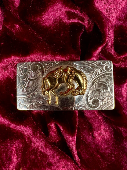 Vintage Nickel Silver Western Belt Buckle Pair - Bucking Bronco and Mustang Engraved
