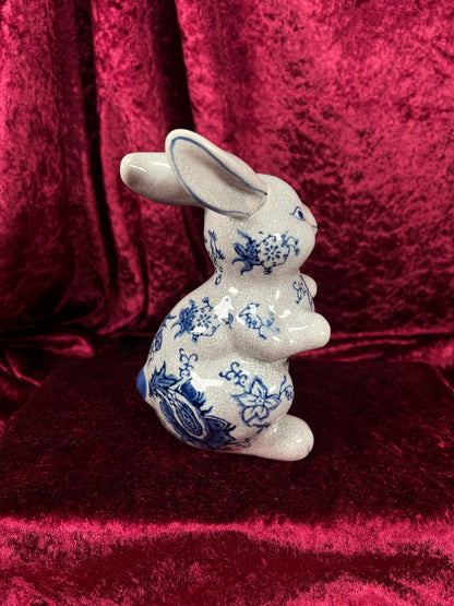 Vintage Ceramic Rabbit Figurine - Blue and White Floral Crackle Finish - Baum Bros