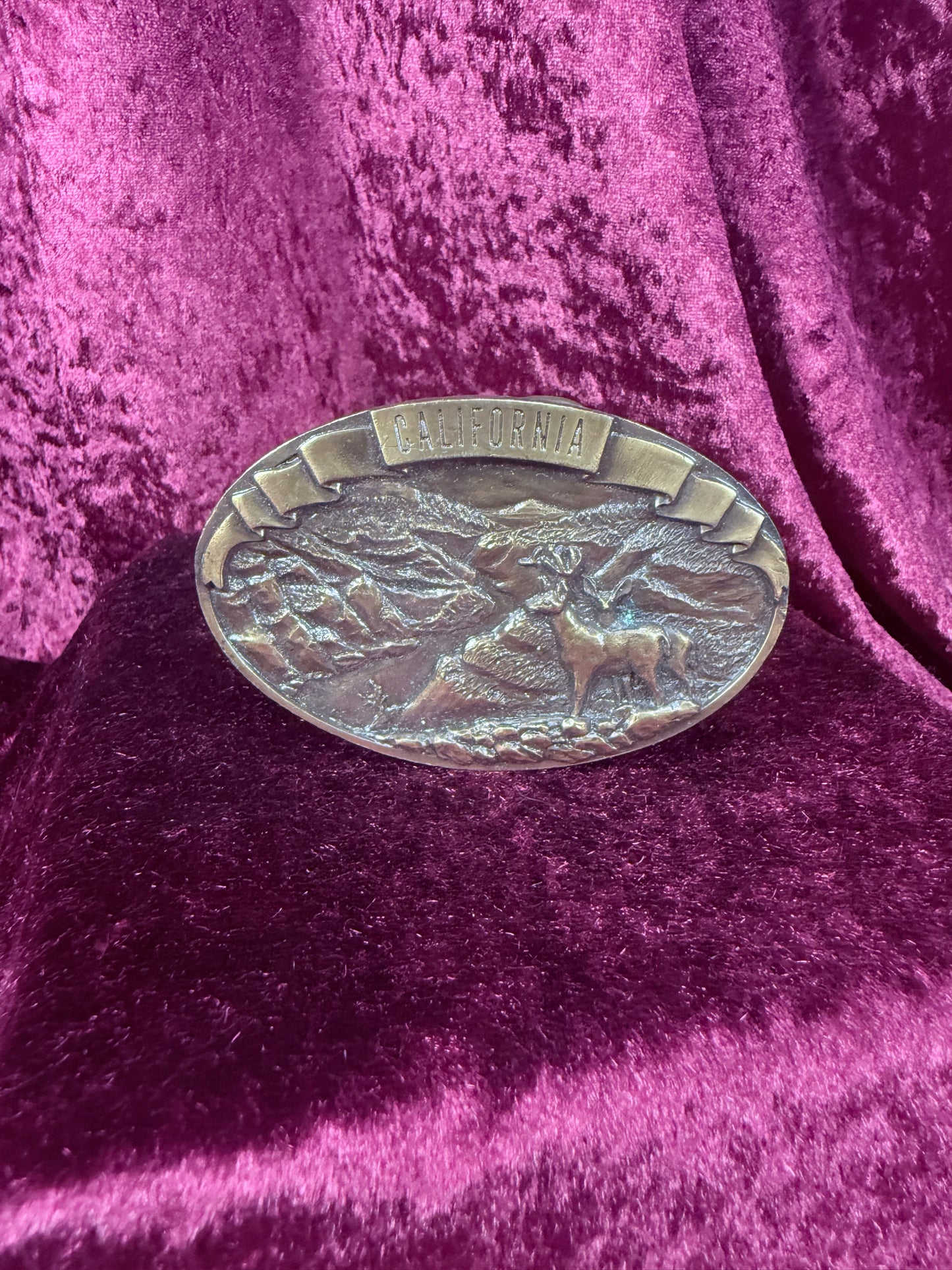 Vintage Solid Brass Belt Buckle – California Deer Mountain Scene