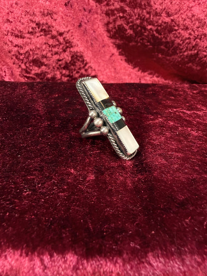 Vintage Sterling Silver Ring – Turquoise and Mother of Pearl Inlay Statement - Size 6