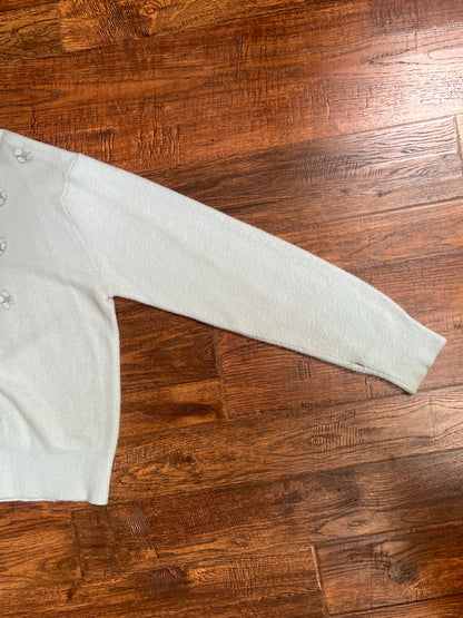 Vintage Clothing - Button Up Cardigan - Baby Blue with Embroidered Flowers - Helen Harper - Medium