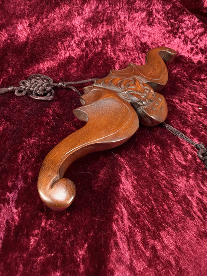 Vintage Wood Wall Hanging – Asian Carved Bat Sculpture with Knotted Tassel