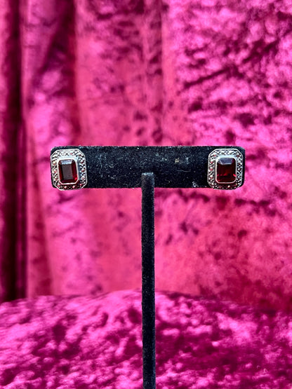 Vintage Jewelry - Post Earrings - 925 Silver - Faceted Red Glass Center with Hematite Crystals