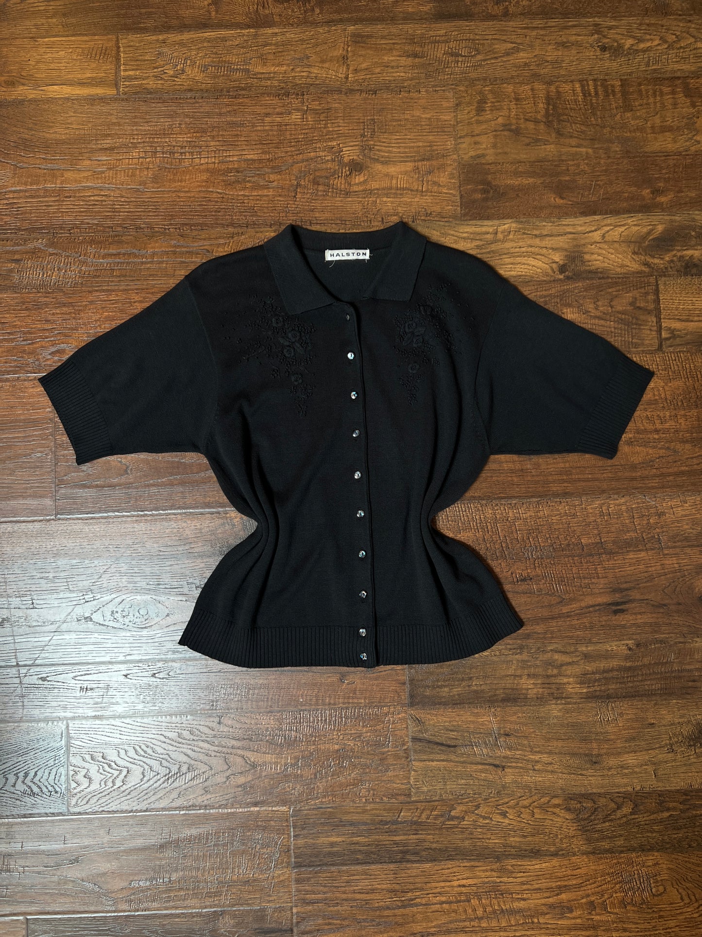 Vintage Halston Knit Cardigan - Black Floral Embroidered Short Sleeve Sweater - Small