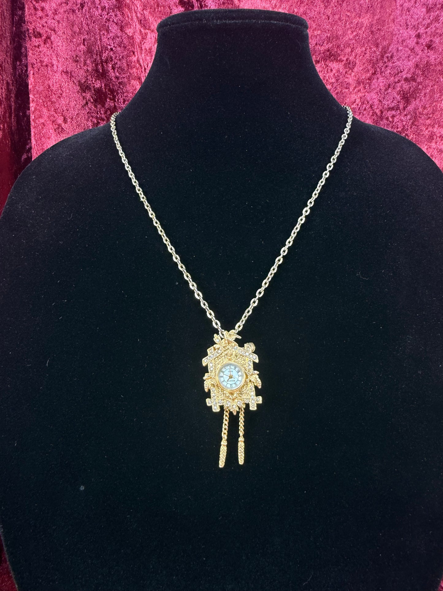 Vintage Gold Tone Cuckoo Clock Necklace – Rhinestone Accent Pendant