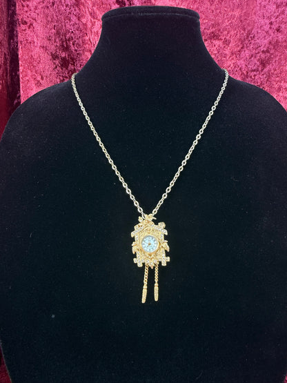 Vintage Gold Tone Cuckoo Clock Necklace – Rhinestone Accent Pendant