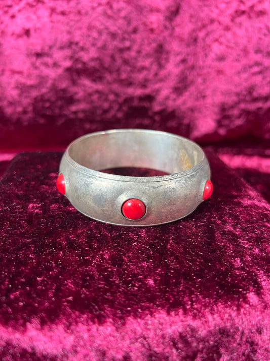 Vintage Jewelry - Puffy Cuff Bracelet - Silver Tone Metal - Red Cabochons