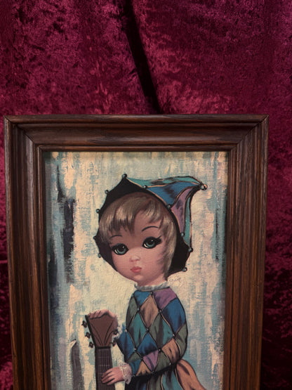 Vintage Mid Century Framed Wall Art – Big Eyes Lyre Harlequin Girl Portrait - Moppet by Jean Maio