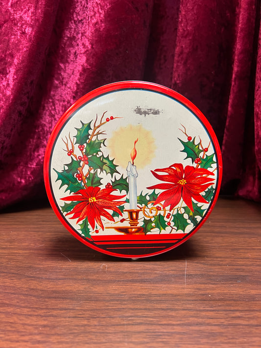 Vintage Christmas - Metal Storage Tin - Mantle Candlestick and Poinsettias
