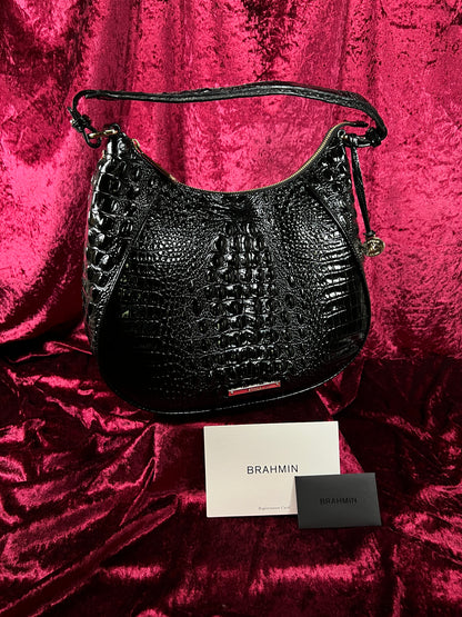 Vintage Brahmin Black Melbourne Leather Hobo Bag - Croc Embossed Shoulder Purse