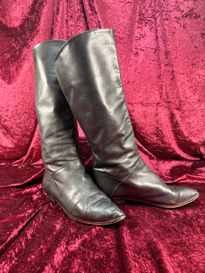 Vintage Shoes - Black Italian Knee High Leather Boots - Made in Italy - Size 7.5