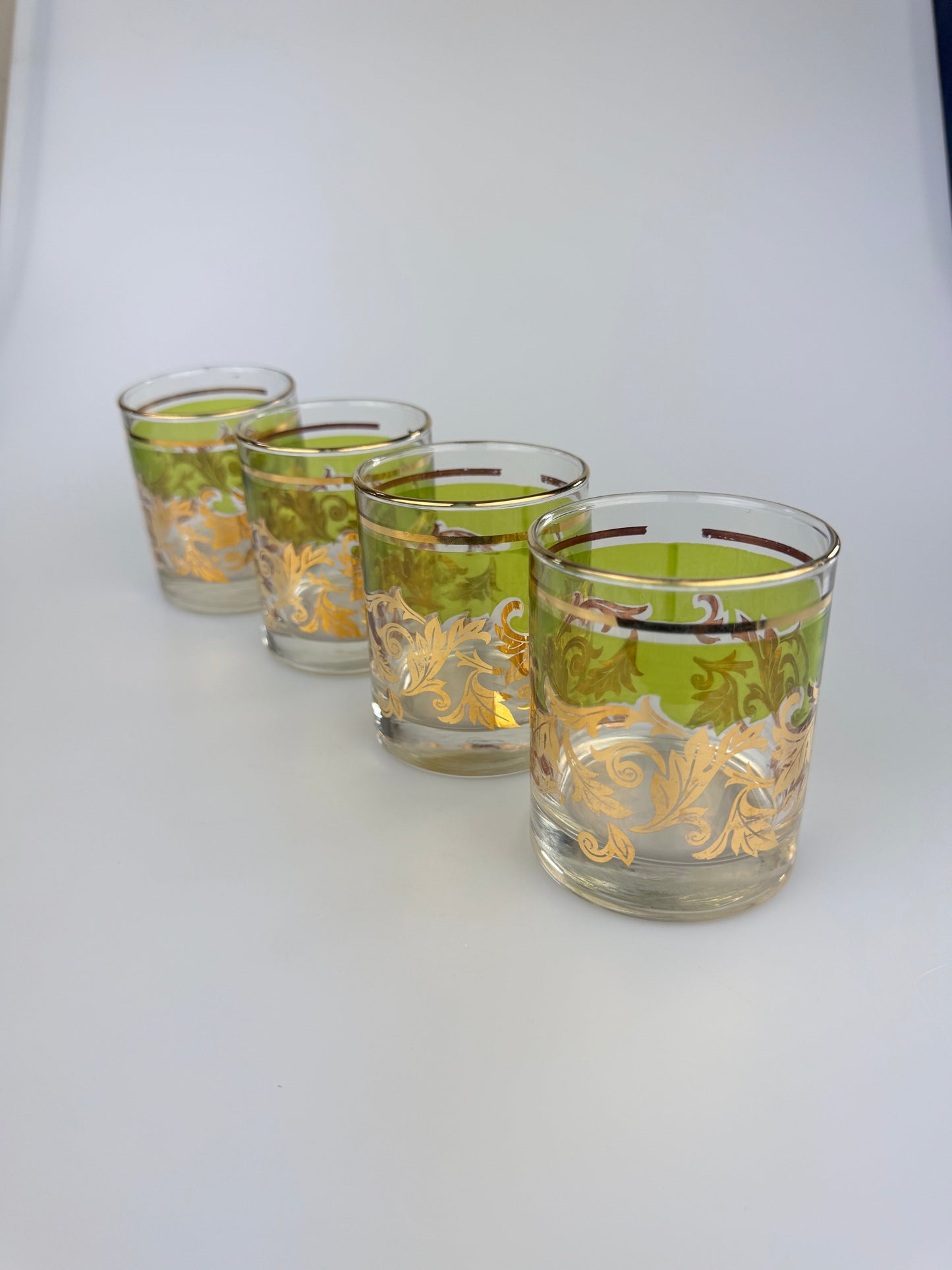 Vintage Libbey Glass Company Lowball Glasses - Green & Gold Filigree - Set of 4