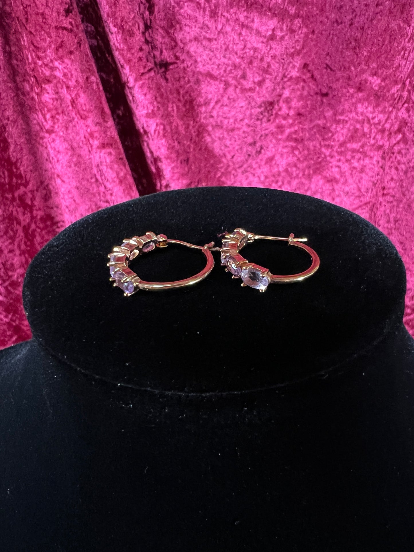 Vintage Gold Plated 925 Silver Hoop Earrings – Oval Faceted Pink Topaz Gemstones