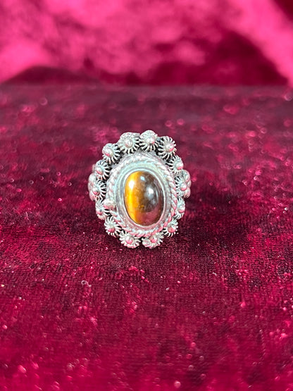 Vintage Jewelry - Adjustable Poison Ring - Sterling Silver - Tigers Eye Center Stone - Taxco