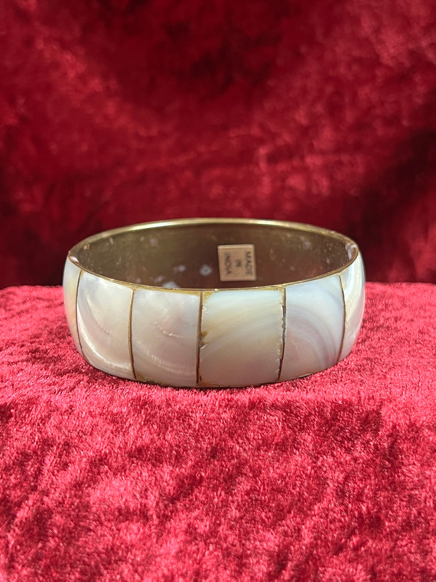 Vintage Jewelry - Chunky Bangle Bracelet - Brass and Mother Of Pearl - Made In India