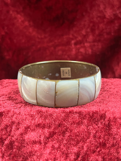Vintage Jewelry - Chunky Bangle Bracelet - Brass and Mother Of Pearl - Made In India