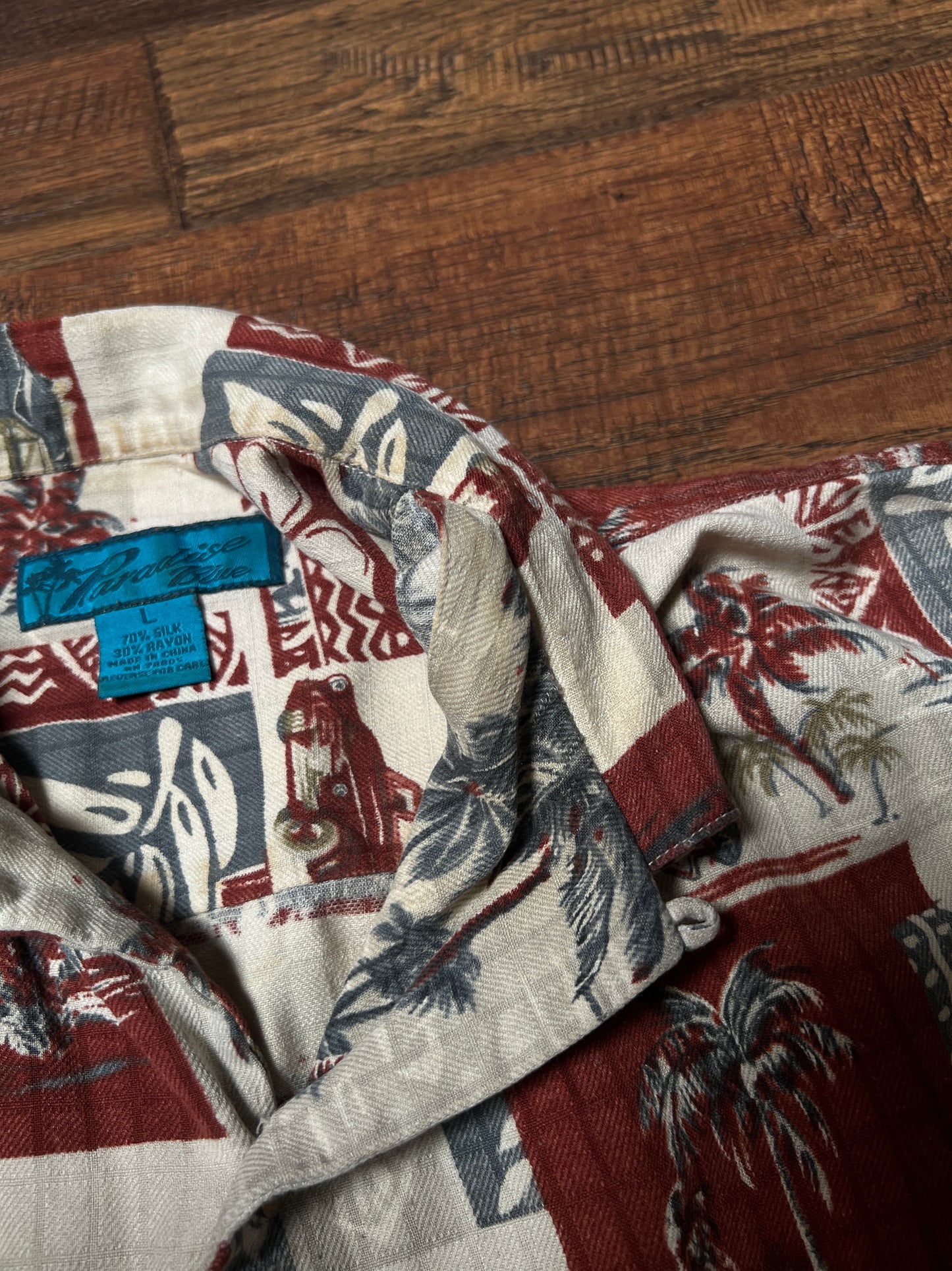 Vintage Paradise Blue Silk Rayon Shirt – Hawaiian Surf Car Print – Size Large