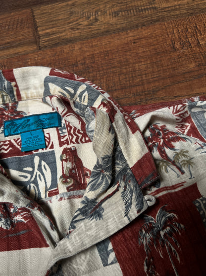 Vintage Paradise Blue Silk Rayon Shirt – Hawaiian Surf Car Print – Size Large
