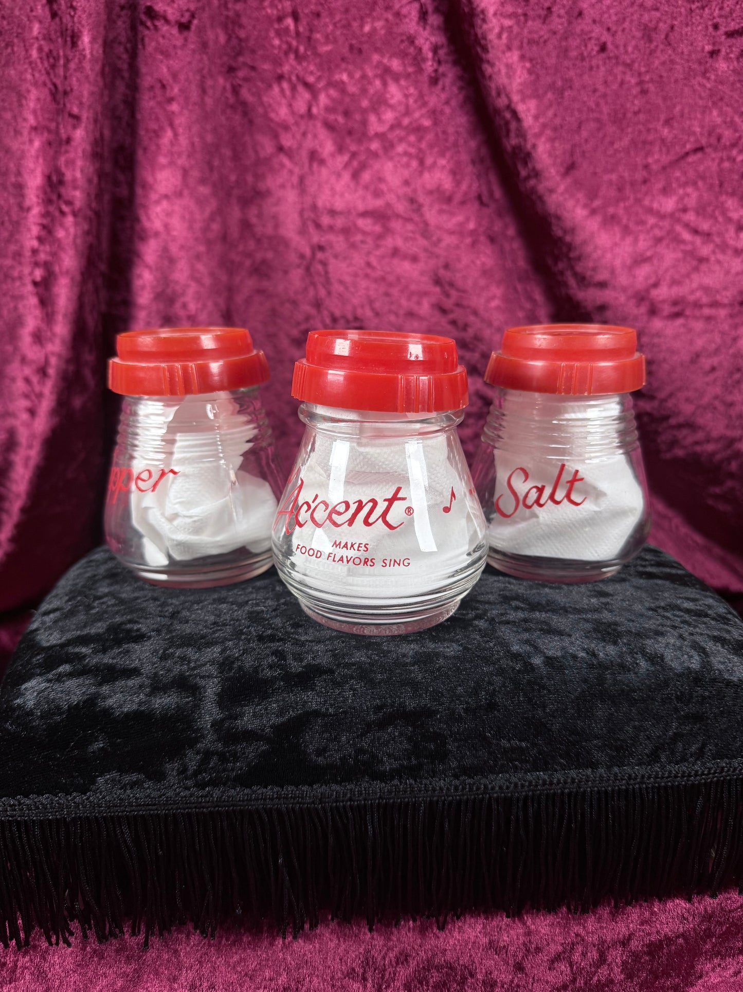 Vintage Owens Illinois Glass Spice Shaker Set - Salt Pepper Accent Red Lids Trio