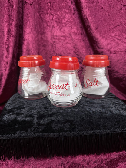 Vintage Owens Illinois Glass Spice Shaker Set - Salt Pepper Accent Red Lids Trio