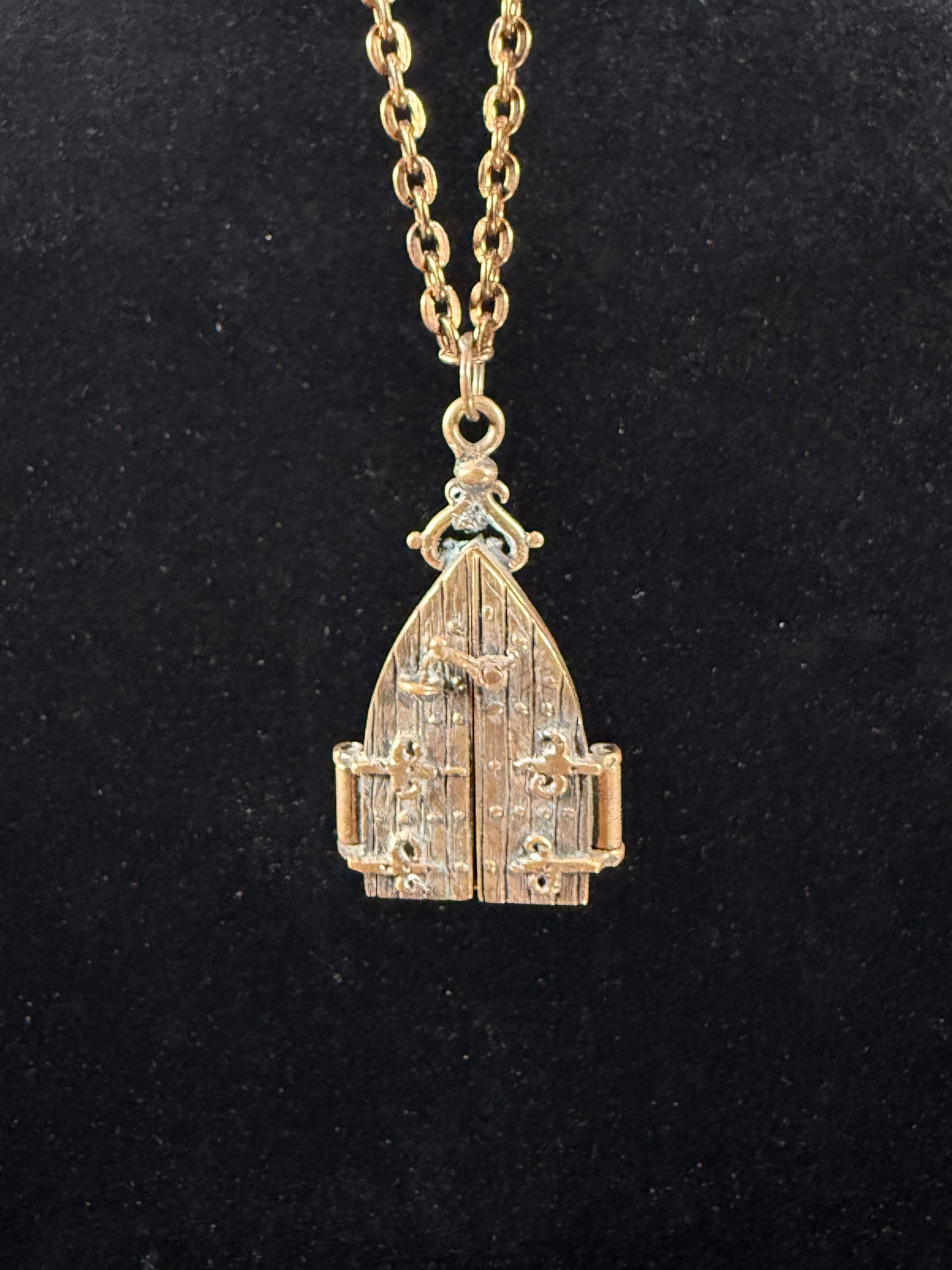 Vintage Jewelry - Brass Gothic Locket - Hinged Doors with Sword Against Time