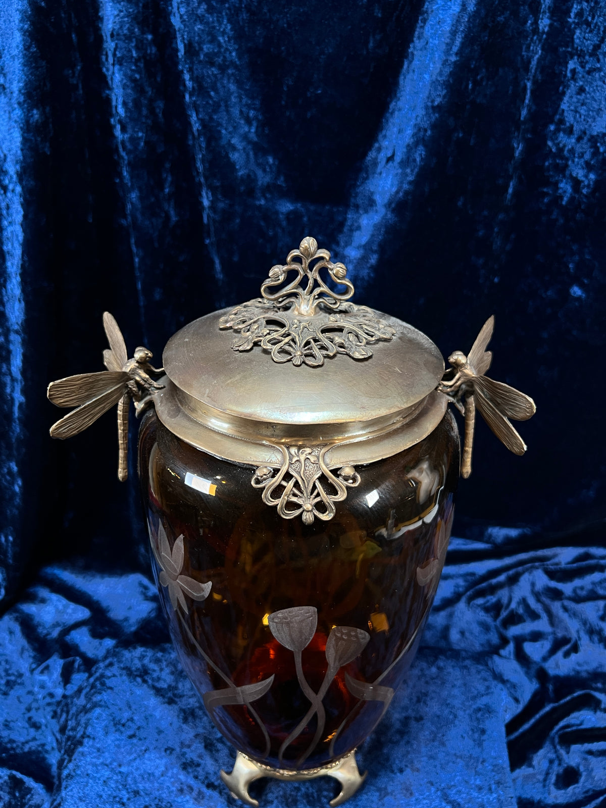 Vintage Art Nouveau Revival Opium Jar - Etched Poppies on Amber Glass - Castilian Poland