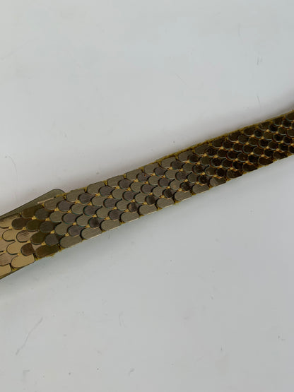 Vintage Belt - 1970s Gold Tone Fish Scale Band - 3D Flower Buckle