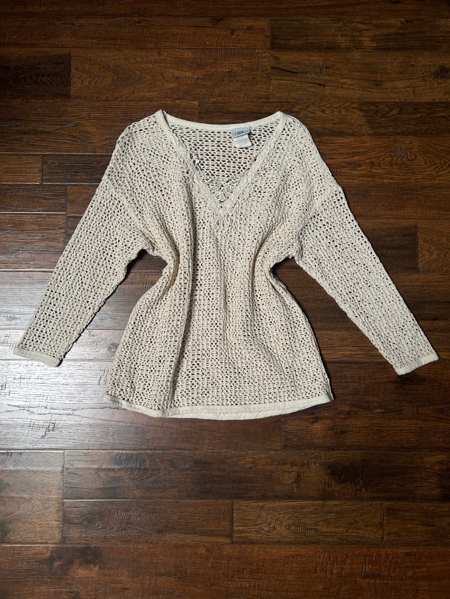 Vintage David Wayne Cotton Crochet Sweater – Ivory Open Knit Floral V-Neck – Medium