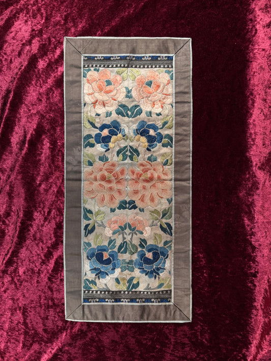 Antique Chinese Silk Sleeve Band – Forbidden Stitch Lotus Flowers - Embroidered Textile Robe Panel