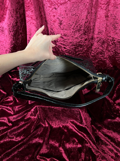 Vintage Brahmin Black Melbourne Leather Hobo Bag - Croc Embossed Shoulder Purse