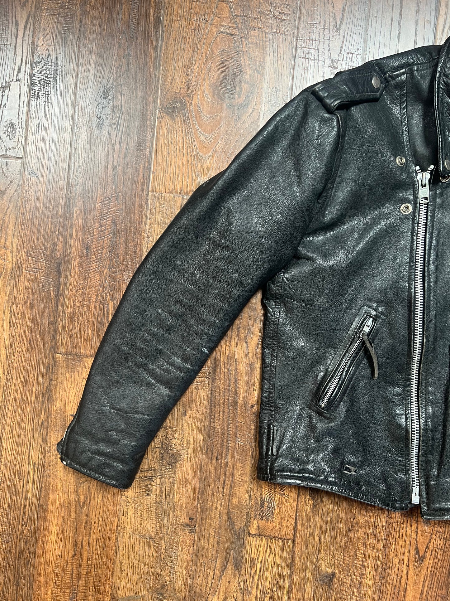 Vintage Clothing - Biker Jacket - First Genuine Leather - Black with Silver Hardware - Large