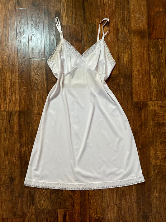 Vintage White Nylon Above The Knee Slip Dress - Lace Trim - Gilligan O'Malley