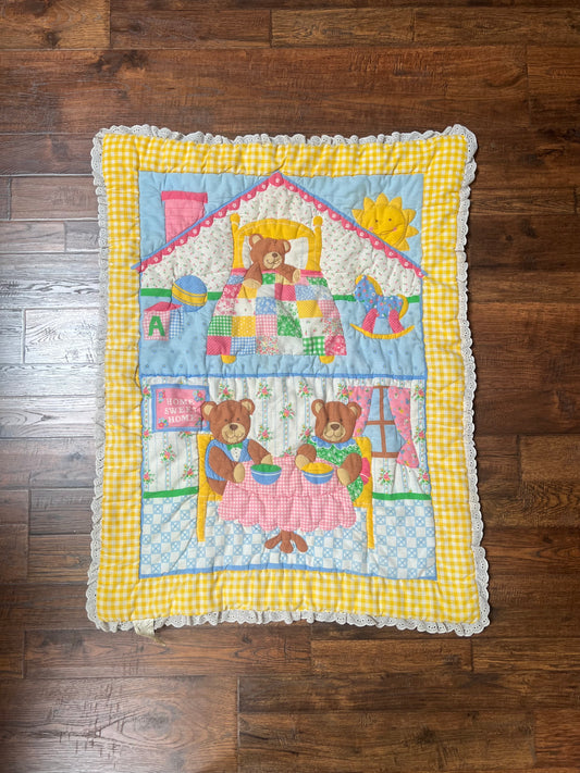 Vintage Linens - Baby Crib Quilt - Cottagecore Bedtime Teddy Bears - Babyrest Quilt Corporation