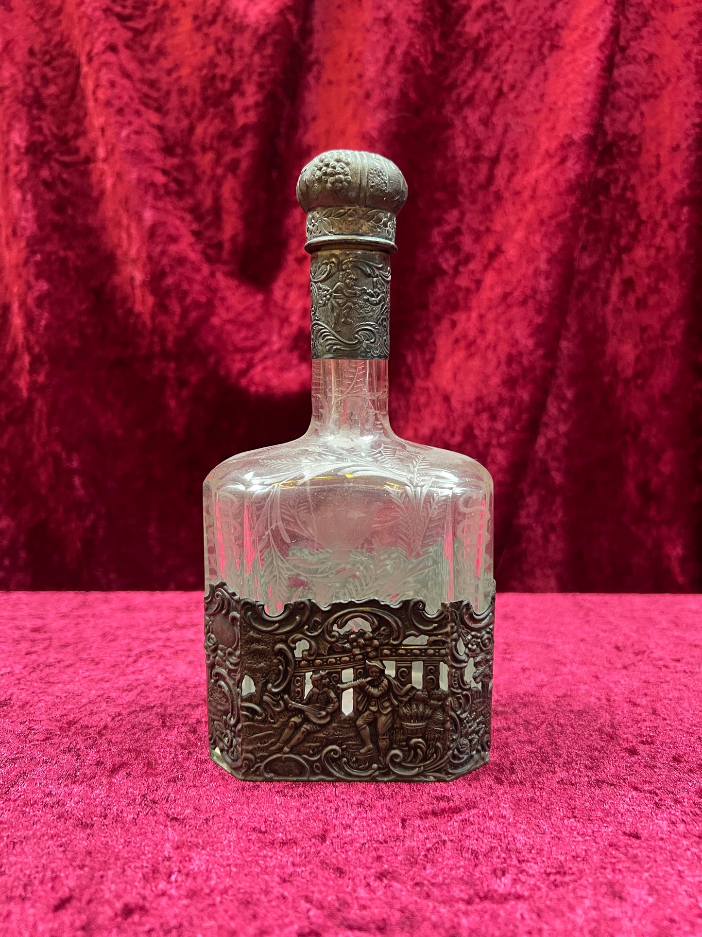 Vintage Barware - Antique 18th Century Etched Glass Decanter - Silver Repousse - German