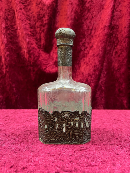 Vintage Barware - Antique 18th Century Etched Glass Decanter - Silver Repousse - German