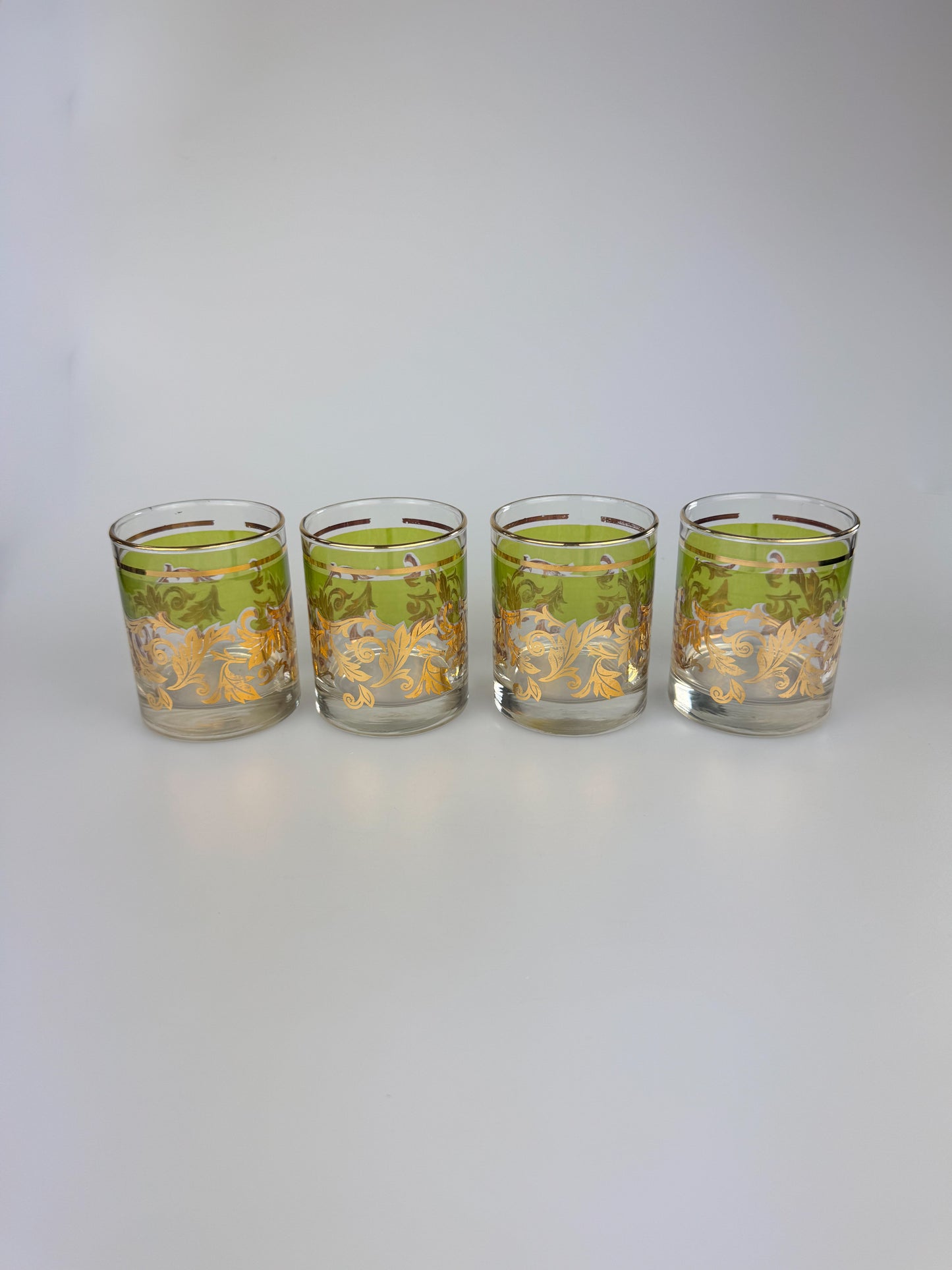 Vintage Libbey Glass Company Lowball Glasses - Green & Gold Filigree - Set of 4