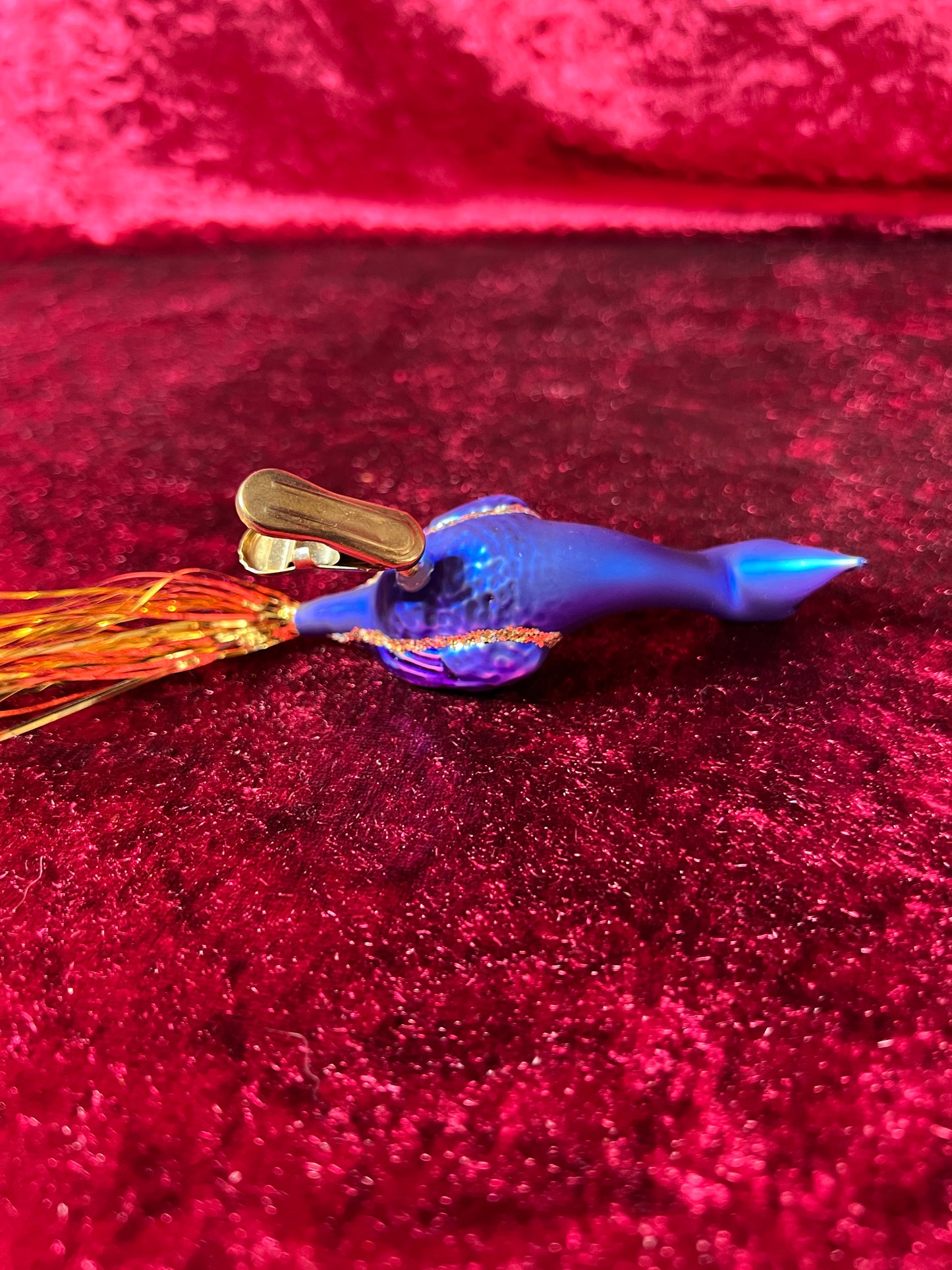 Vintage Christmas - Glass Clip-On Ornament - Royal Blue Crane with Tinsel Tail