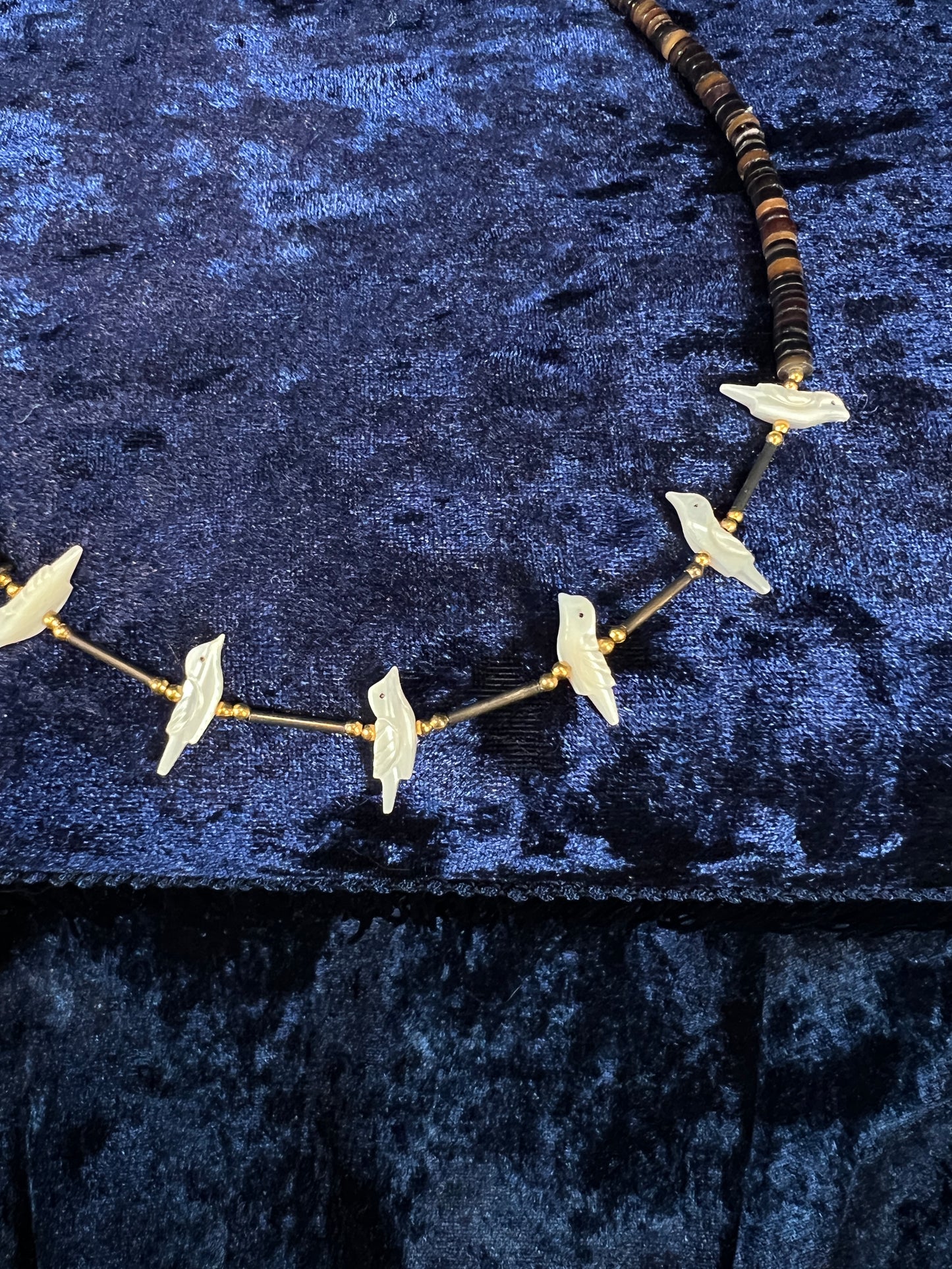 Vintage Zuni Heishi Fetish Necklace - Shell and Mother of Pearl Birds Sterling Silver Clasp
