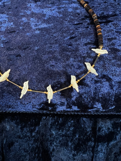 Vintage Zuni Heishi Fetish Necklace - Shell and Mother of Pearl Birds Sterling Silver Clasp