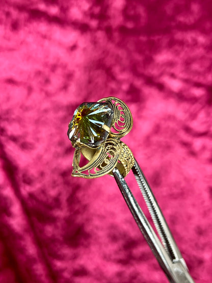 Vintage Jewelry - Adjustable Cocktail Ring - Brass - Aurora Borealis Crystal - West Germany