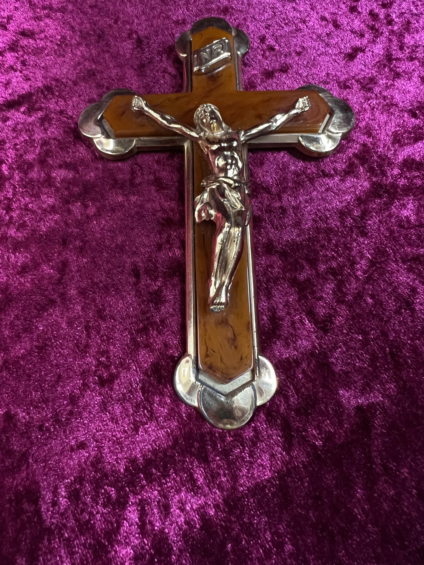 Vintage Brass Crucifix Cross - Marbled Bakelite Inlay Religious Wall Hanging