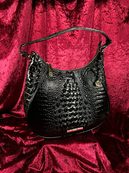 Vintage Brahmin Black Melbourne Leather Hobo Bag - Croc Embossed Shoulder Purse