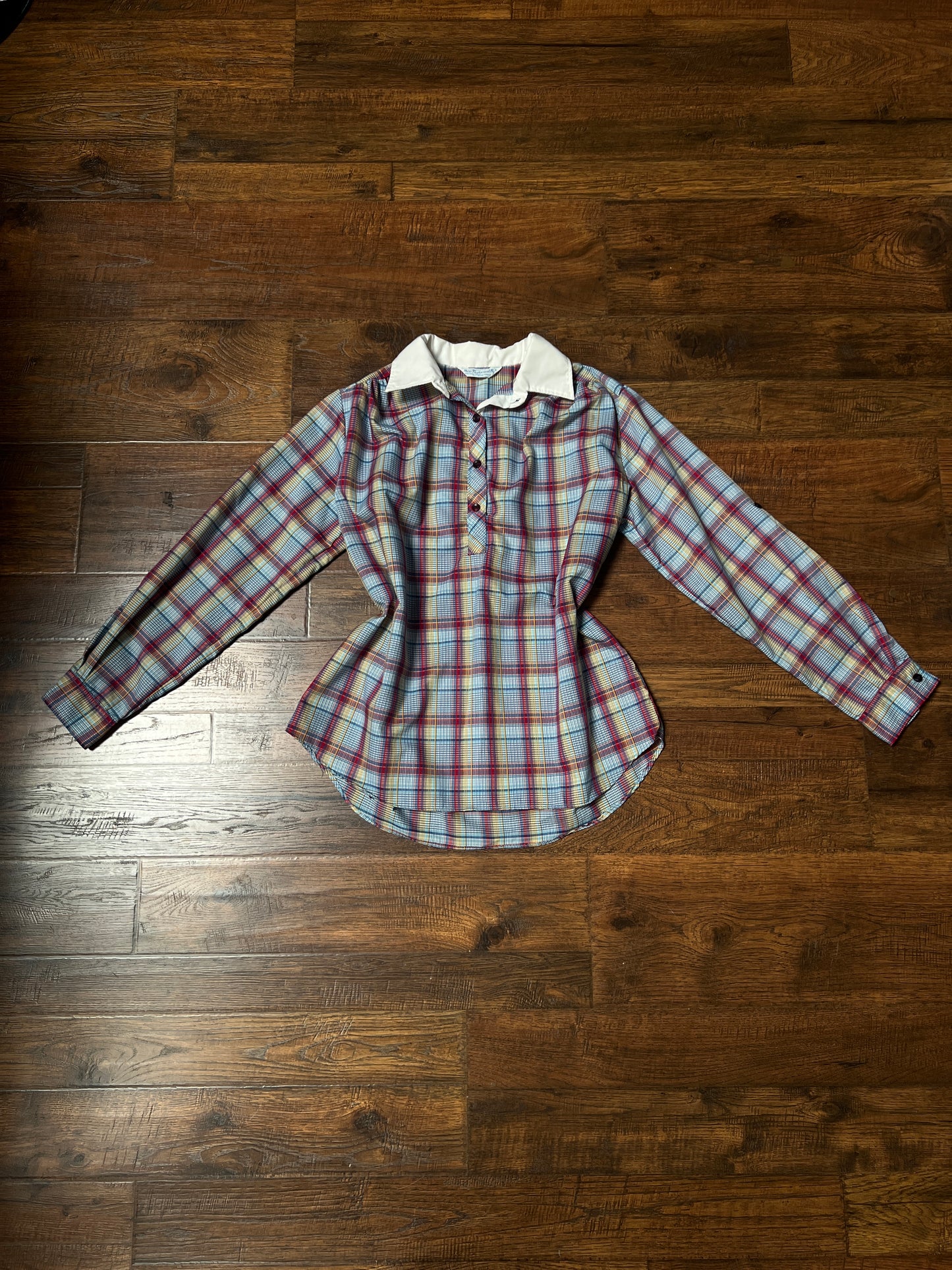 Vintage Miss Fashionability Plaid Blouse – Contrast White Collar Preppy Style – Medium
