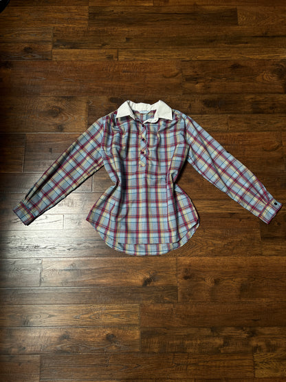 Vintage Miss Fashionability Plaid Blouse – Contrast White Collar Preppy Style – Medium
