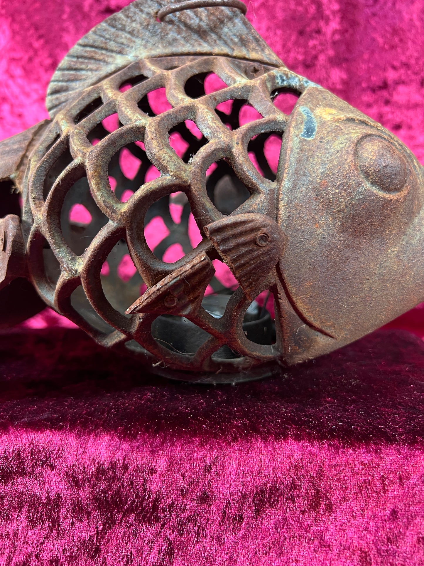 Vintage Home Decor - Hanging / Tabletop Candle Lantern - Cast Iron Koi Fish