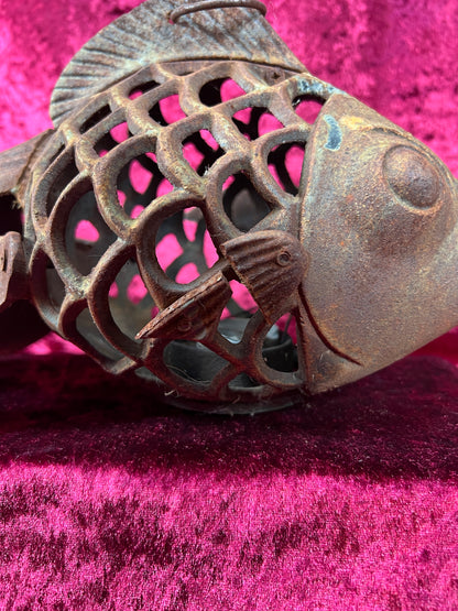 Vintage Home Decor - Hanging / Tabletop Candle Lantern - Cast Iron Koi Fish