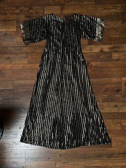 Vintage Albert Nipon Maxi Dress -  Metallic Gold  Sheer Black Butterfly Sleeve Gown - Medium