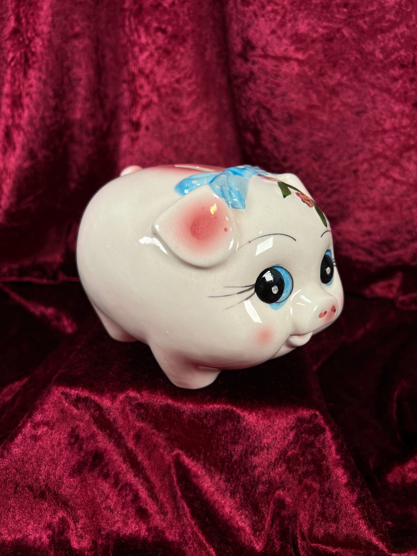 Vintage Ceramic Piggy Bank - Anthropomorphic Blue Eyed Kitsch Pig