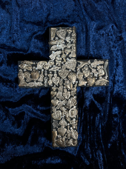 Vintage Wall Hanging Crucifix Cross – Milagro Silver Sacred Heart Folk Art Collage
