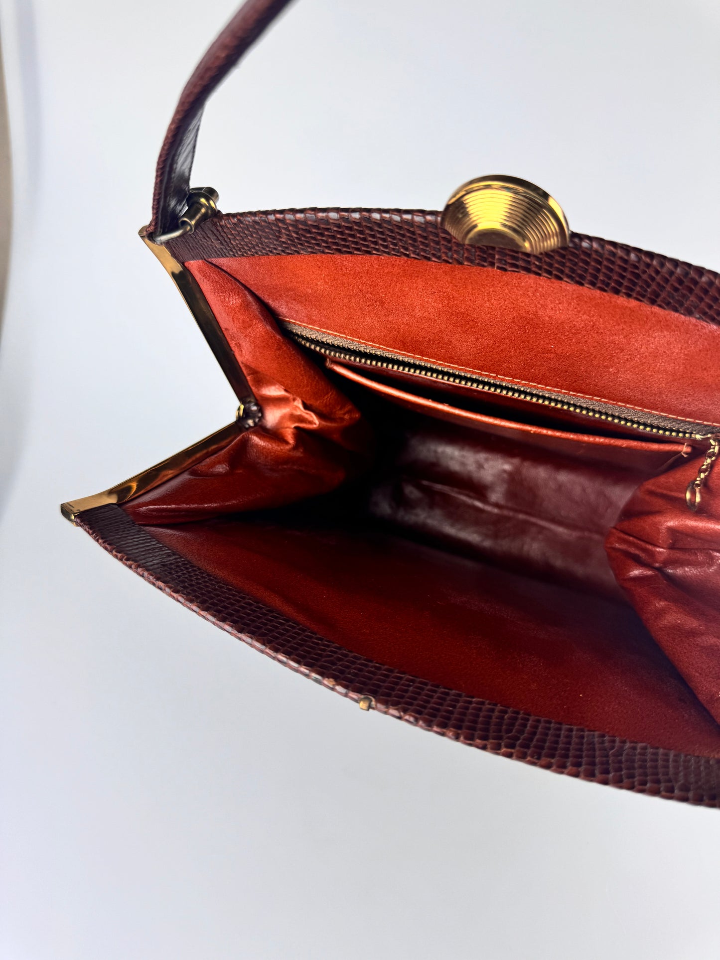 Vintage Purse - Brown Lizard Snap Closure Handbag with Brass Detail